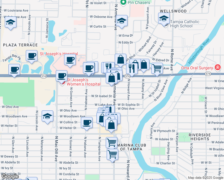 map of restaurants, bars, coffee shops, grocery stores, and more near 4214 North Armenia Avenue in Tampa