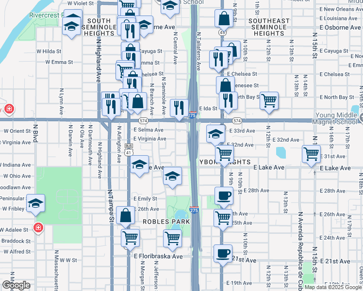 map of restaurants, bars, coffee shops, grocery stores, and more near 505 East Virginia Avenue in Tampa