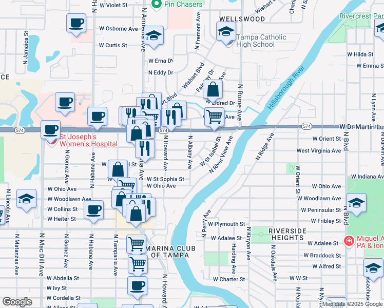 map of restaurants, bars, coffee shops, grocery stores, and more near 1923 West Kentucky Avenue in Tampa