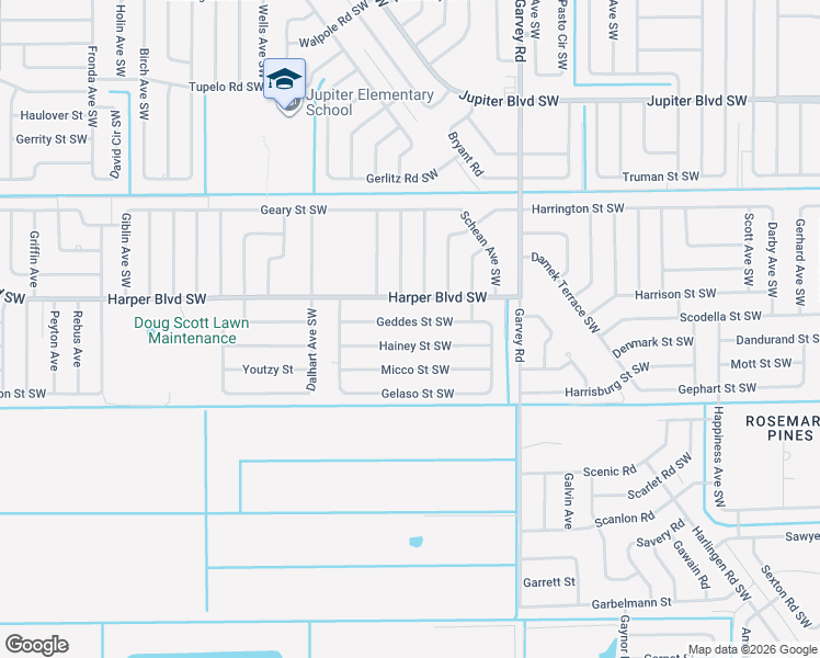 map of restaurants, bars, coffee shops, grocery stores, and more near 780 Geddes Street Southwest in Palm Bay