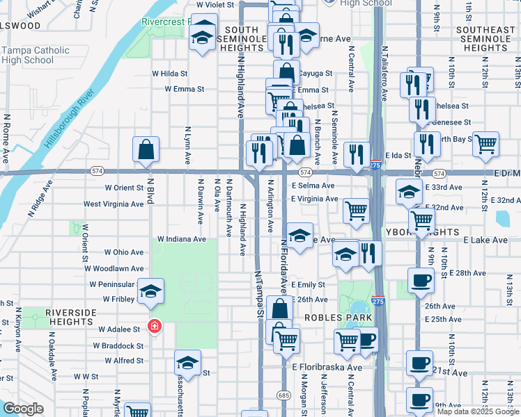 map of restaurants, bars, coffee shops, grocery stores, and more near 3807 North Tampa Street in Tampa