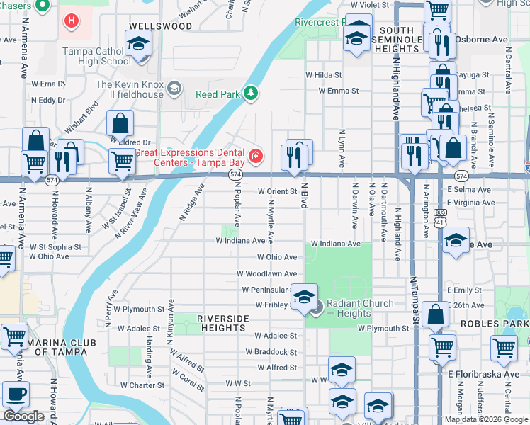 map of restaurants, bars, coffee shops, grocery stores, and more near 804 West Virginia Avenue in Tampa