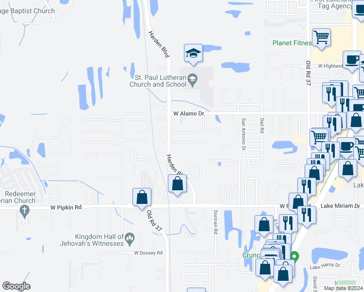 map of restaurants, bars, coffee shops, grocery stores, and more near 924 Winnie Lane in Lakeland