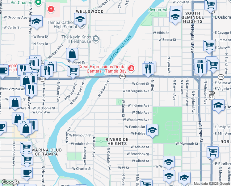 map of restaurants, bars, coffee shops, grocery stores, and more near 910 West Virginia Avenue in Tampa