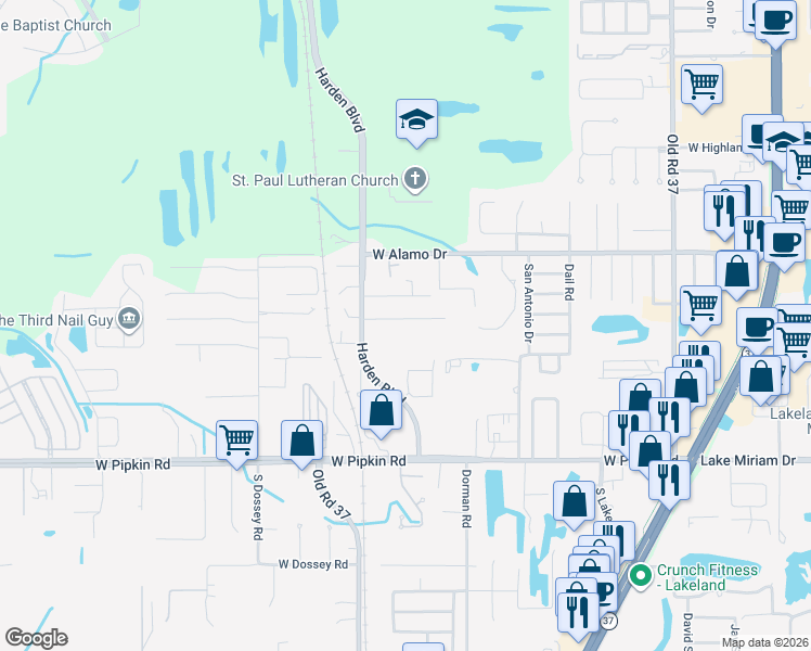 map of restaurants, bars, coffee shops, grocery stores, and more near 922 Winnie Lane in Lakeland