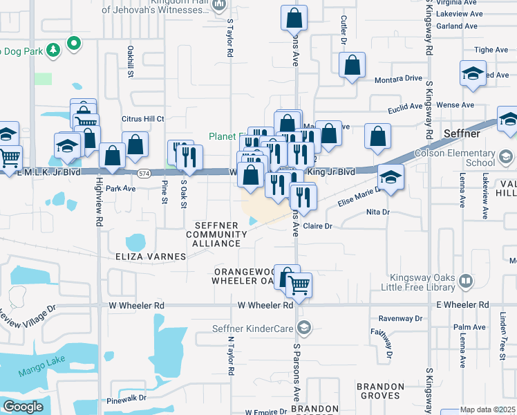 map of restaurants, bars, coffee shops, grocery stores, and more near 750 West Doctor Martin Luther King Junior Boulevard in Seffner