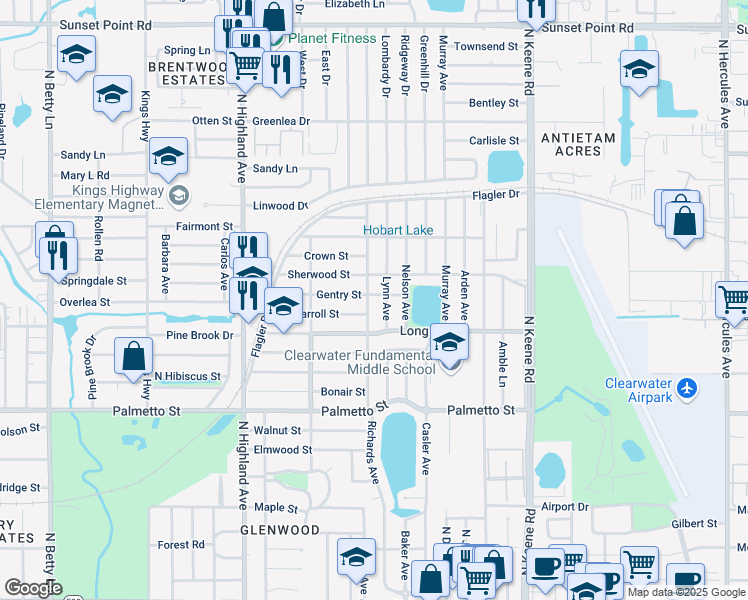 map of restaurants, bars, coffee shops, grocery stores, and more near 1305 Ridge Avenue in Clearwater