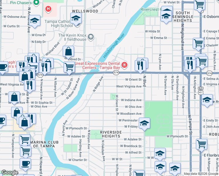 map of restaurants, bars, coffee shops, grocery stores, and more near 910 West Virginia Avenue in Tampa