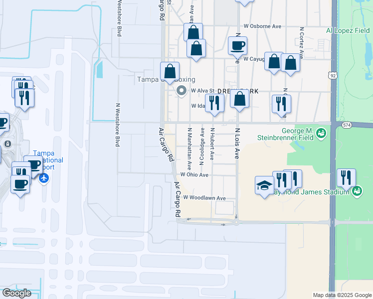 map of restaurants, bars, coffee shops, grocery stores, and more near 4220 North Manhattan Avenue in Tampa