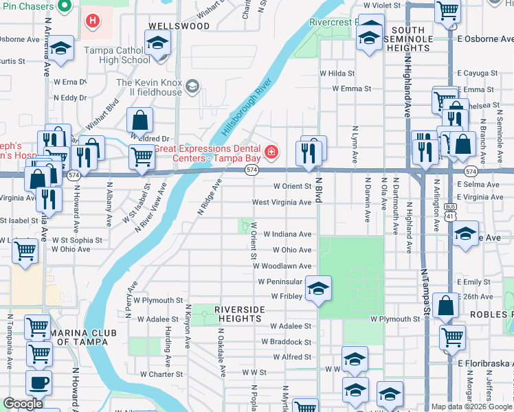 map of restaurants, bars, coffee shops, grocery stores, and more near 820 West Virginia Avenue in Tampa