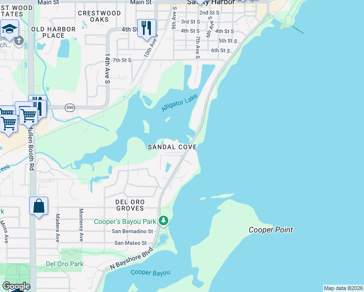 map of restaurants, bars, coffee shops, grocery stores, and more near 1001 South Bayshore Boulevard in Safety Harbor