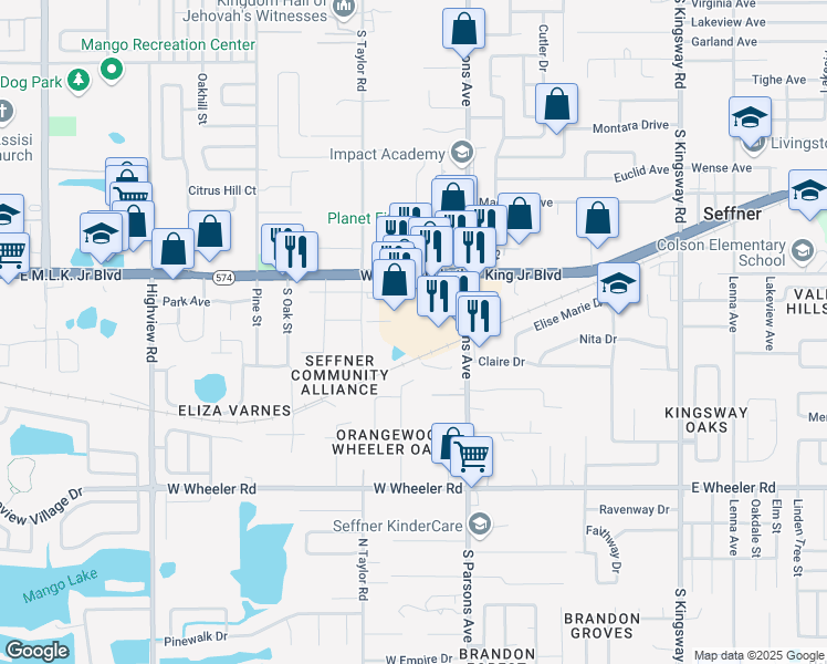 map of restaurants, bars, coffee shops, grocery stores, and more near 750 West Doctor Martin Luther King Junior Boulevard in Seffner