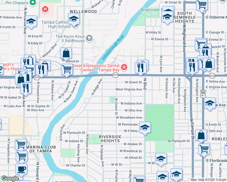map of restaurants, bars, coffee shops, grocery stores, and more near 820 West Virginia Avenue in Tampa