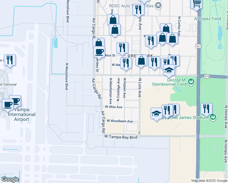 map of restaurants, bars, coffee shops, grocery stores, and more near 4220 North Manhattan Avenue in Tampa