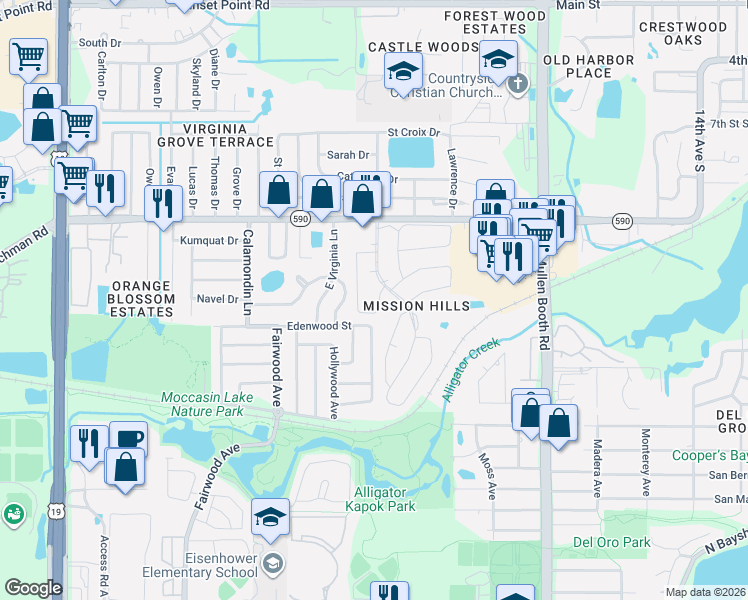 map of restaurants, bars, coffee shops, grocery stores, and more near 1421 Arrowhead Circle in Clearwater