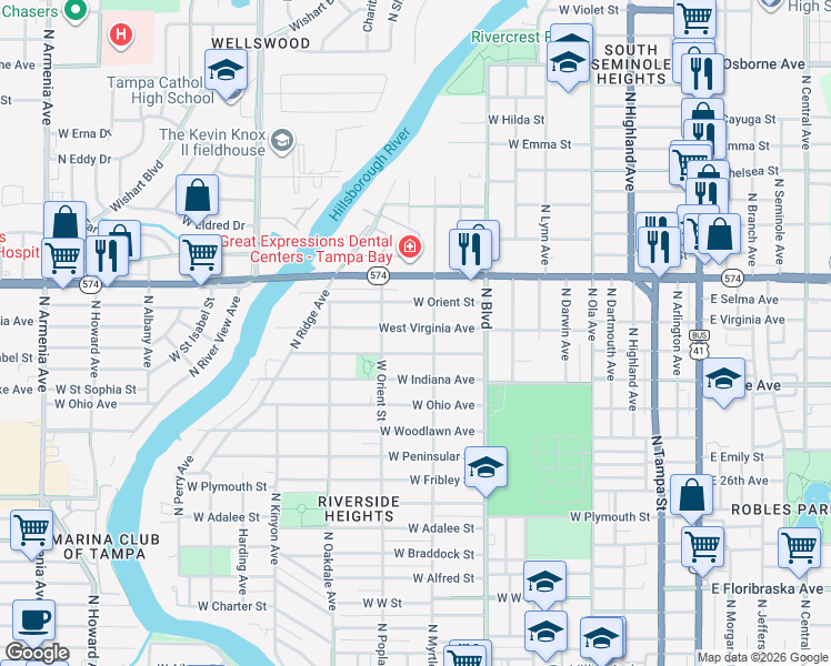 map of restaurants, bars, coffee shops, grocery stores, and more near 808 West Virginia Avenue in Tampa