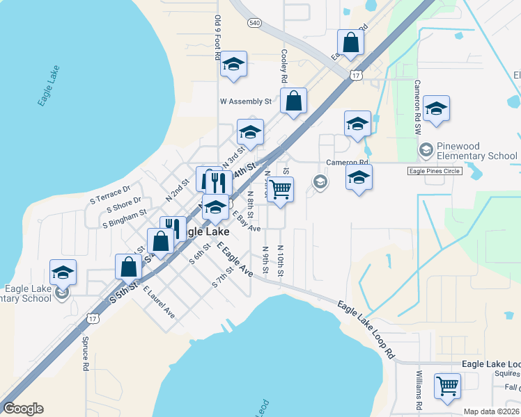 map of restaurants, bars, coffee shops, grocery stores, and more near 680 East Findley Avenue in Eagle Lake