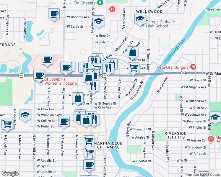 map of restaurants, bars, coffee shops, grocery stores, and more near 2114 West Virginia Avenue in Tampa