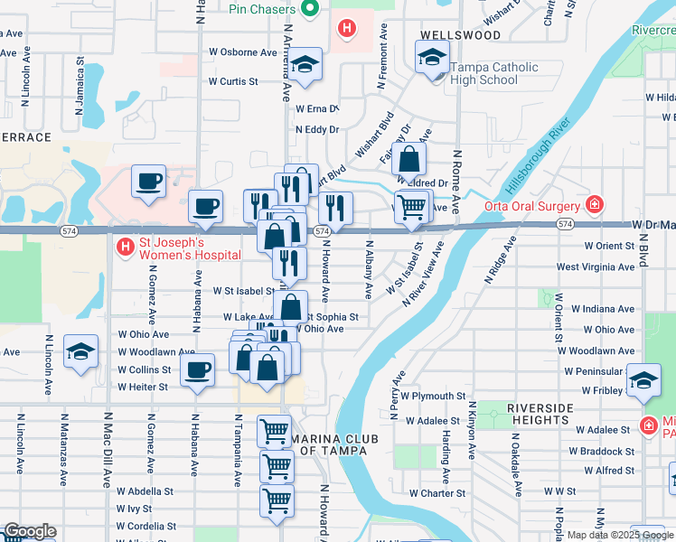 map of restaurants, bars, coffee shops, grocery stores, and more near 2114 West Virginia Avenue in Tampa