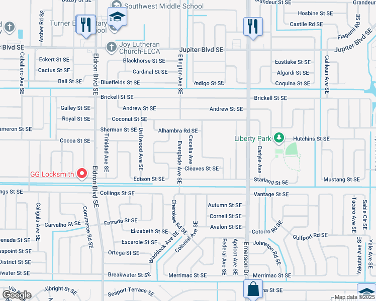 map of restaurants, bars, coffee shops, grocery stores, and more near 702 Cecelia Avenue in Palm Bay