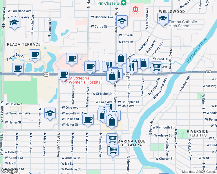 map of restaurants, bars, coffee shops, grocery stores, and more near 4214 North Armenia Avenue in Tampa
