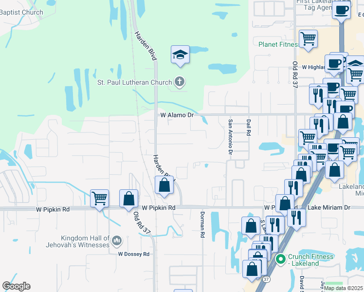 map of restaurants, bars, coffee shops, grocery stores, and more near 842 Winnie Lane in Lakeland