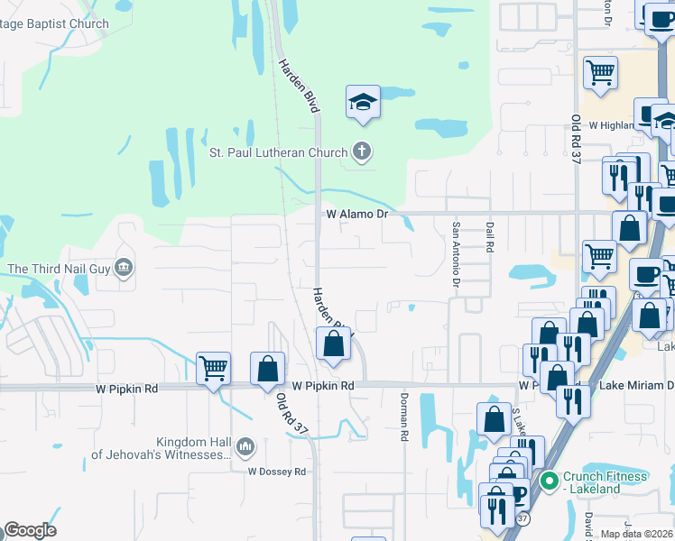 map of restaurants, bars, coffee shops, grocery stores, and more near 930 Winnie Lane in Lakeland