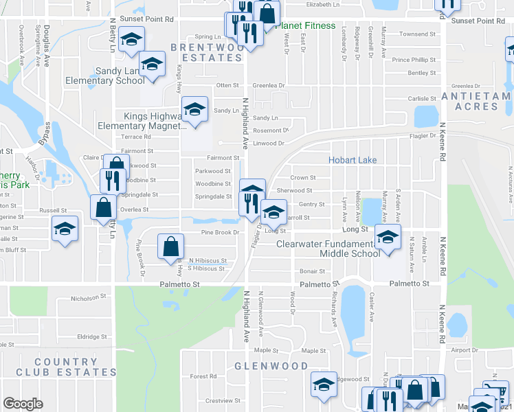map of restaurants, bars, coffee shops, grocery stores, and more near 1325 North Highland Avenue in Clearwater