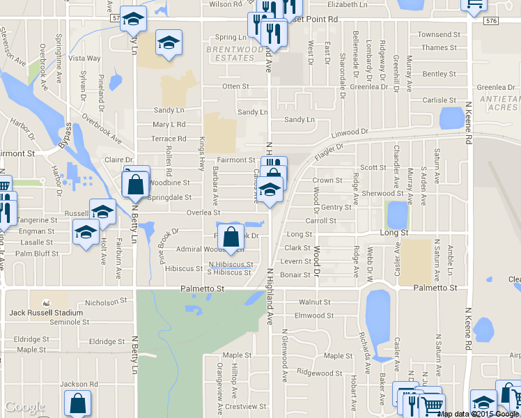 map of restaurants, bars, coffee shops, grocery stores, and more near 1486 Overlea Street in Clearwater