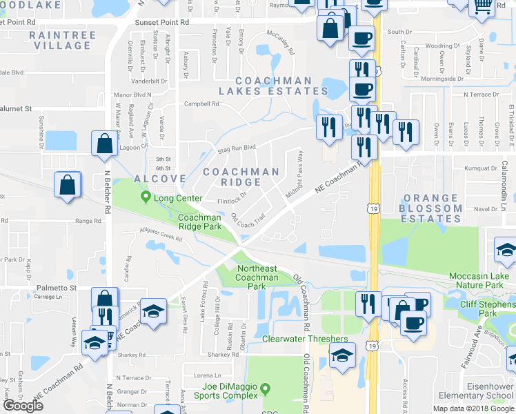 map of restaurants, bars, coffee shops, grocery stores, and more near 1491 Ridge Top Way in Clearwater