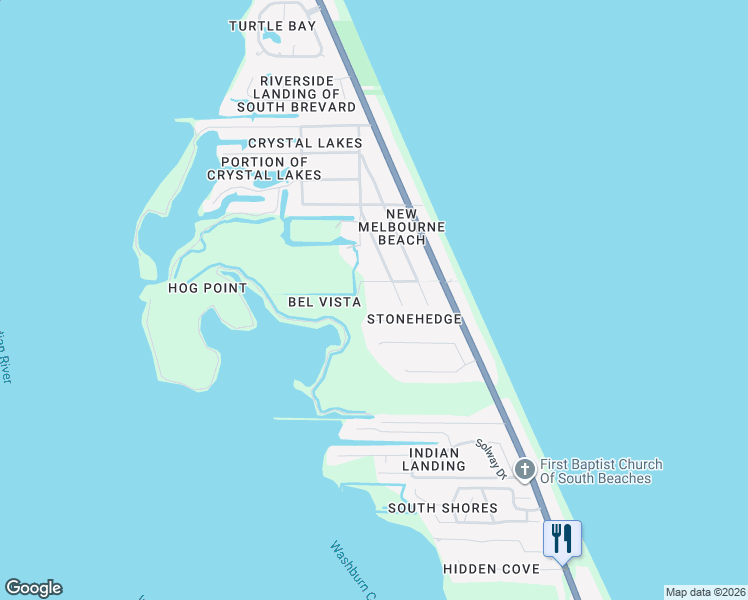 map of restaurants, bars, coffee shops, grocery stores, and more near 211 River Drive in Melbourne Beach