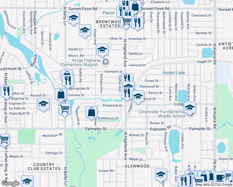 map of restaurants, bars, coffee shops, grocery stores, and more near 1470 Overlea Street in Clearwater