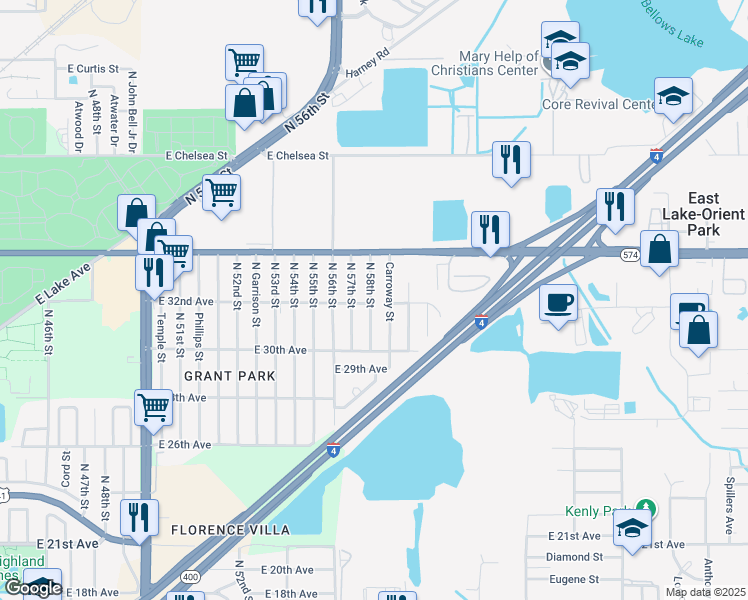 map of restaurants, bars, coffee shops, grocery stores, and more near 3803 North 58th Street in Tampa