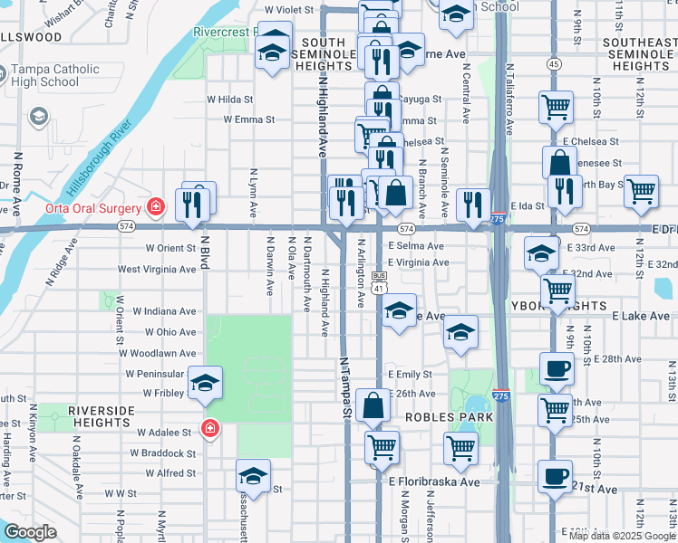 map of restaurants, bars, coffee shops, grocery stores, and more near 3807 North Tampa Street in Tampa