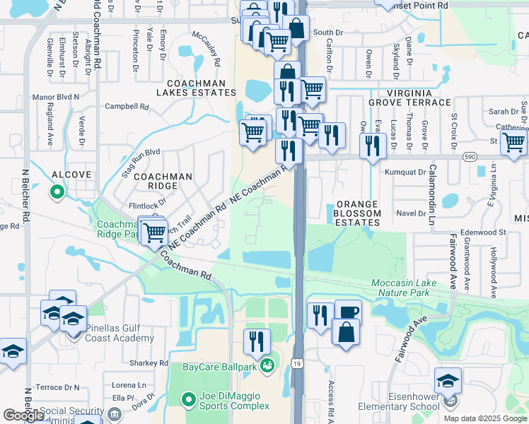 map of restaurants, bars, coffee shops, grocery stores, and more near 2565 Northeast Coachman Road in Clearwater