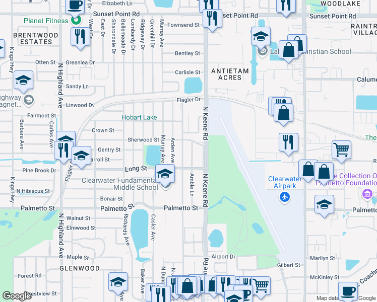 map of restaurants, bars, coffee shops, grocery stores, and more near 1309 Amble Lane in Clearwater