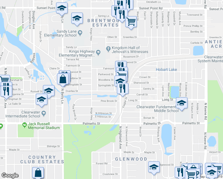 map of restaurants, bars, coffee shops, grocery stores, and more near 1486 Overlea Street in Clearwater
