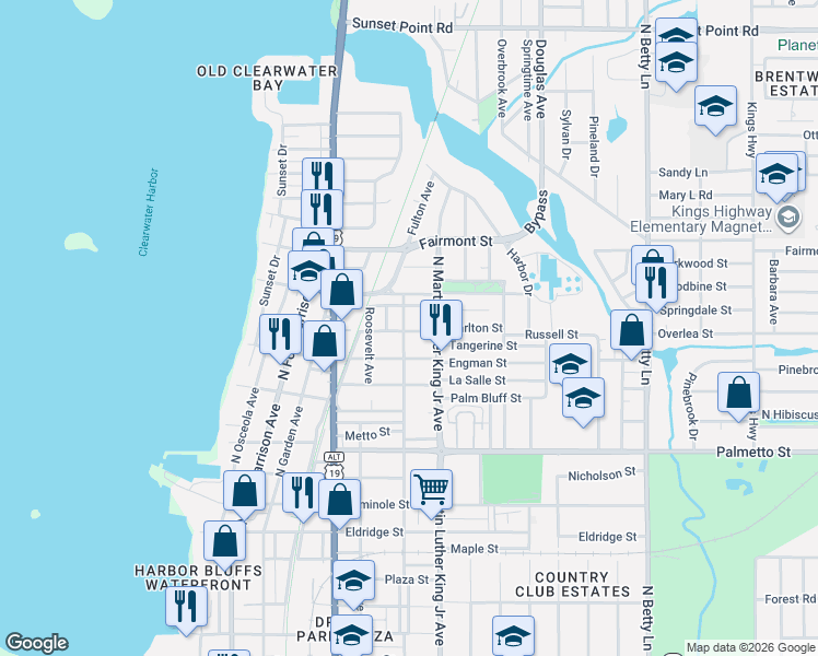 map of restaurants, bars, coffee shops, grocery stores, and more near 1001 Carlton Street in Clearwater