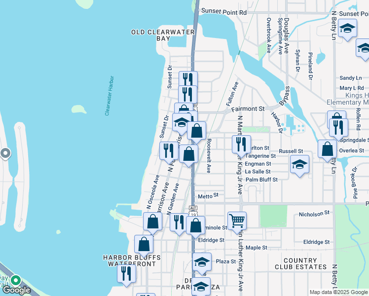 map of restaurants, bars, coffee shops, grocery stores, and more near 1309 North Fort Harrison Avenue in Clearwater