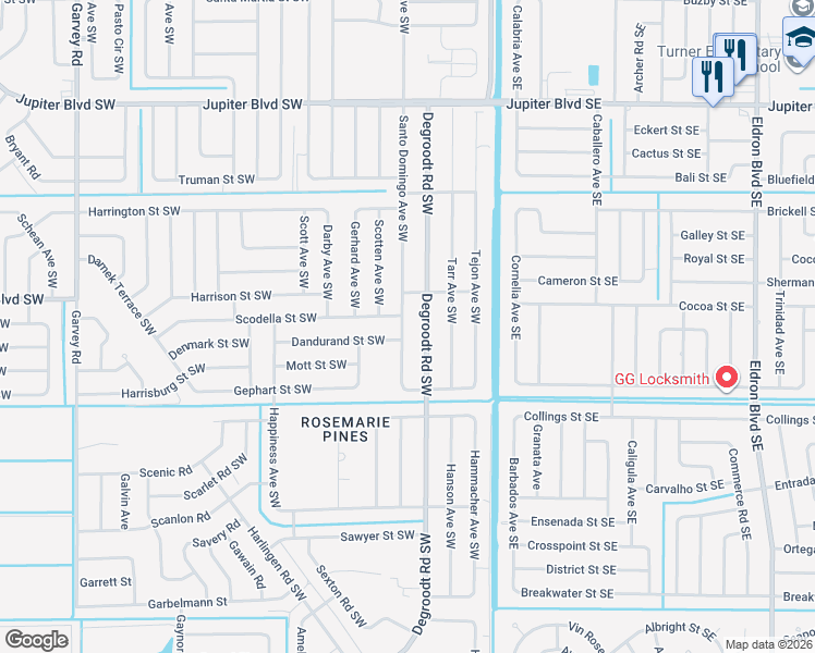 map of restaurants, bars, coffee shops, grocery stores, and more near 831 Santo Domingo Avenue Southwest in Palm Bay