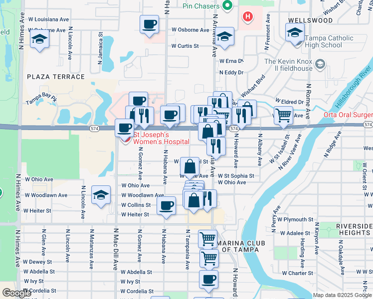map of restaurants, bars, coffee shops, grocery stores, and more near 4227 North Tampania Avenue in Tampa