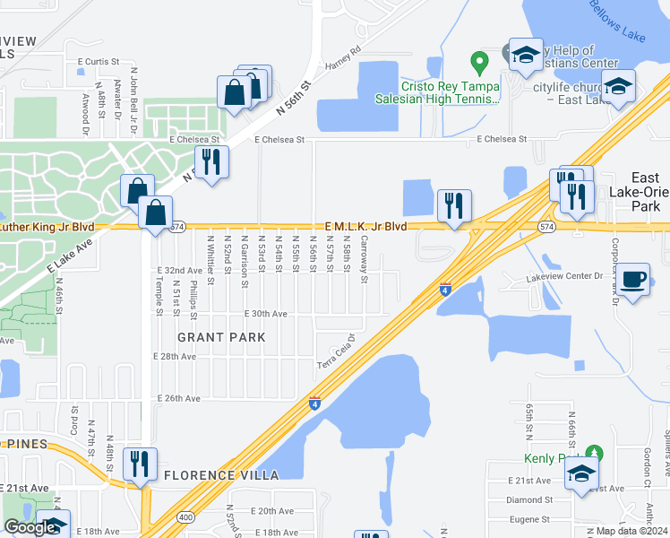 map of restaurants, bars, coffee shops, grocery stores, and more near 3801 North 57th Street in Tampa