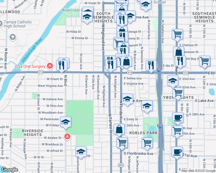 map of restaurants, bars, coffee shops, grocery stores, and more near 3807 North Tampa Street in Tampa