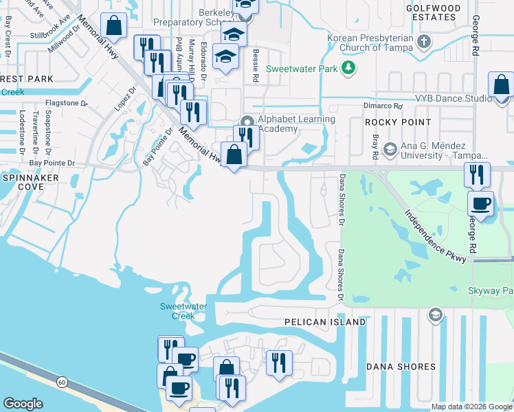 map of restaurants, bars, coffee shops, grocery stores, and more near 4213 Deepwater Lane in Tampa