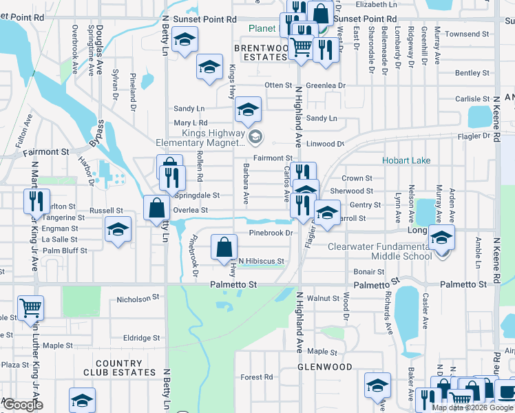 map of restaurants, bars, coffee shops, grocery stores, and more near 1449 Overlea Street in Clearwater