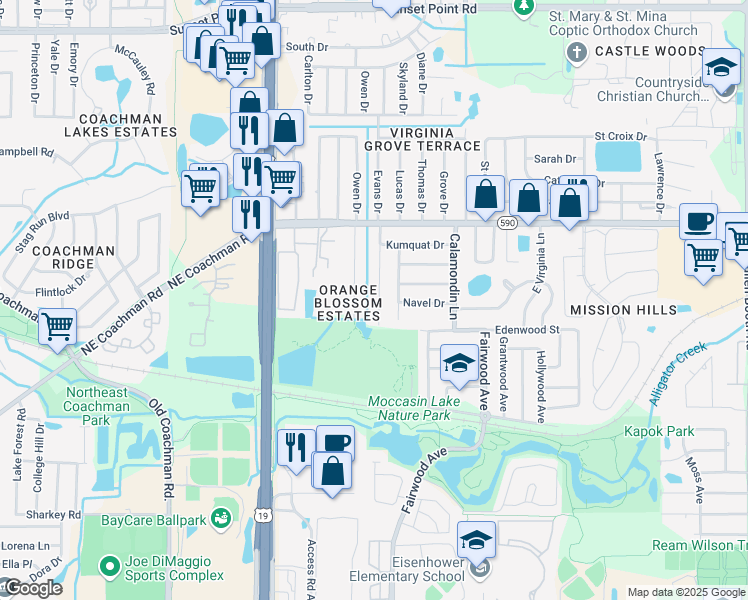 map of restaurants, bars, coffee shops, grocery stores, and more near 1410 West Virginia Lane in Clearwater