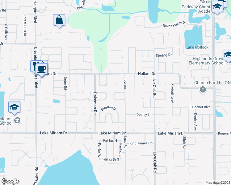 map of restaurants, bars, coffee shops, grocery stores, and more near 1316 Robinhood Lane North in Lakeland