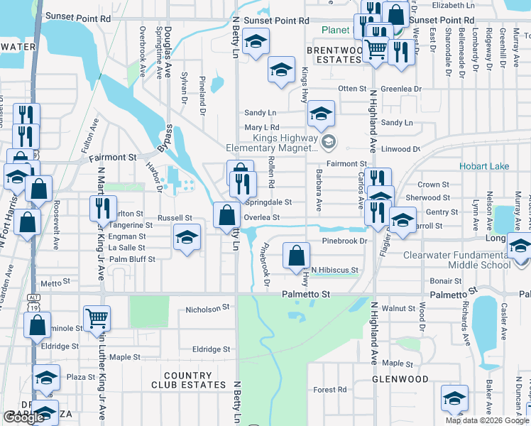 map of restaurants, bars, coffee shops, grocery stores, and more near 1330 Overlea Street in Clearwater