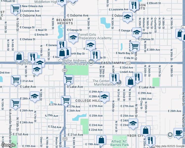 map of restaurants, bars, coffee shops, grocery stores, and more near 2614 East 32nd Avenue in Tampa