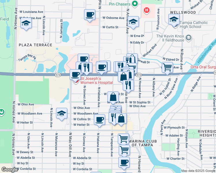 map of restaurants, bars, coffee shops, grocery stores, and more near 2716 West Virginia Avenue in Tampa
